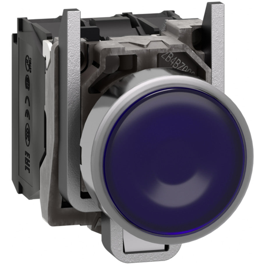 Illuminated push button, Harmony XB4, metal, blue flush, 22mm, universal LED, plain lens,120V AC