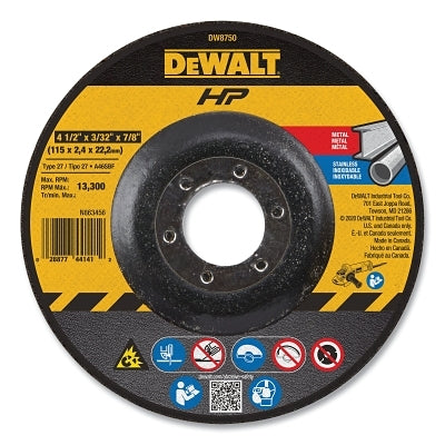 High Performance Cutting and Notching Wheel, Type 27, 4-1/2 in dia x 3/32 in Thick x 7/8 in Arbor, 24 Grit, Alum Oxide