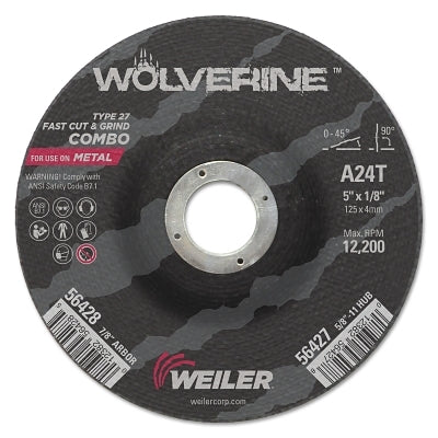 Wolverine Combo Wheel, 5 in Dia, 1/8 in Thick, 7/8 in Arbor, 24 Grit, T
