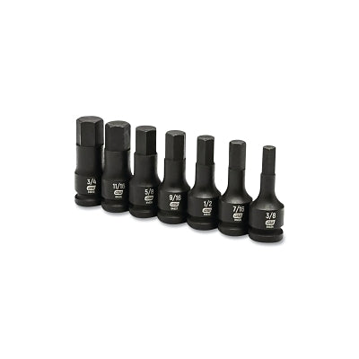 Impact Socket Set, 1/2 in Dr, 6-point, SAE, 3/8 in to 3/4 in, 7-Pc Standard Length, Incl Metal Rail