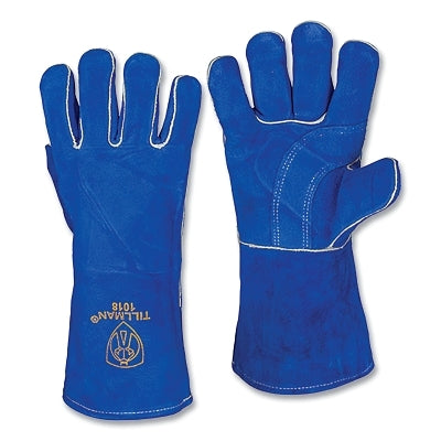 Stick Welding Gloves, 1018, Slightly Select Split Cowhide Palm/BOH/Cuff, Med, Blue, 14 in L Cuff