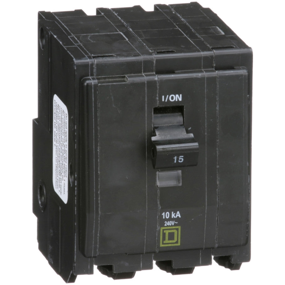 QO Miniature Circuit Breaker, Plug-On Mount, 10 kA, 240 Vac, 3-Pole, 15A