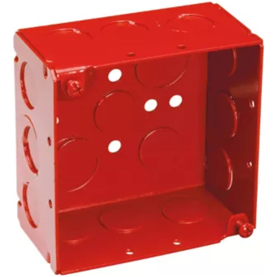 Steel Painted Red 4 in. Square Outlet Box, 1/2 and 3/4 Eccentric Knockouts