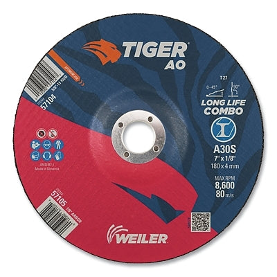 Tiger AO Type 27 Cut/Grind Combo Wheel, 7 in dia, 1/8 in thick, 7/8 in dia arbor, Grit 30, Aluminum Oxide