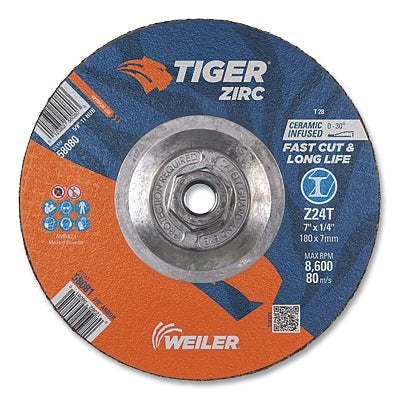Tiger Grinding Wheel, 7 in dia x 1/4 in Thick x 5/8 in-11 Arbor, 24 Grit, Zirconia Alumina/Ceramic, Type 28, 10 EA/BX