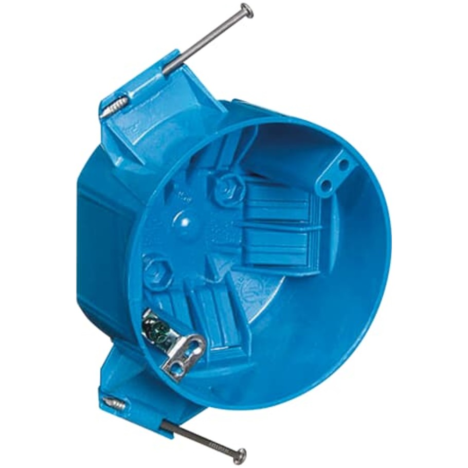 Carlon Ceiling Box, Polycarbonate, Blue, 4 in. Diameter, 2-1/4 in. D, Captive Nails, Ground Lug   Screw Attached
