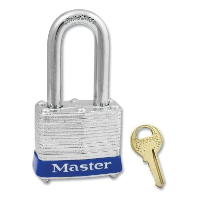 No. 3 Laminated Steel Padlock, 9/32 in dia, 5/8 in W x 1-1/2 in H Shackle, Silver/Blue, Keyed Different, Varies