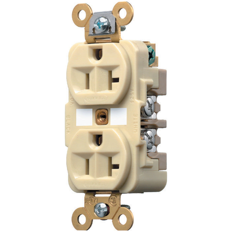 HBL Straight Blade Receptacle, Duplex, Extra Heavy Duty Industrial, 20A, 125V, 2P3W, Ivory