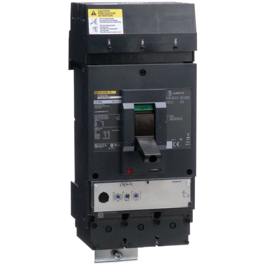 Circuit breaker, PowerPacT L, 600A, 3 pole, 600VAC, 14kA, I-Line, Micrologic 3.3, 80 , ABC