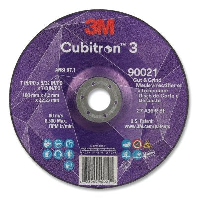 3M 638060-90021 Cubitron 3 Cut and Grind Wheel, 7 in dia x 5/32 in Thick x 7/8 in Arbor, 36+ Grit, T27