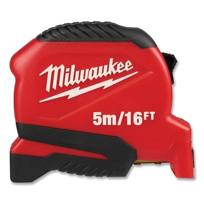 Compact Tape Measure, 5 m/16 ft, Metric/SAE, Single-Sided, Steel, Red/Black