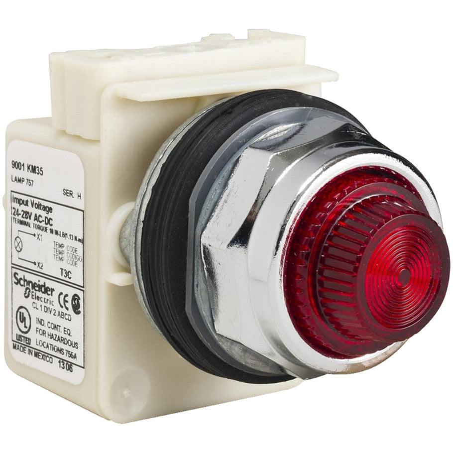 Harmony 30mm Pushbutton Pilot Light, TypeK, Full Voltage, 28Vac, Plastic Red Fresnel Cap