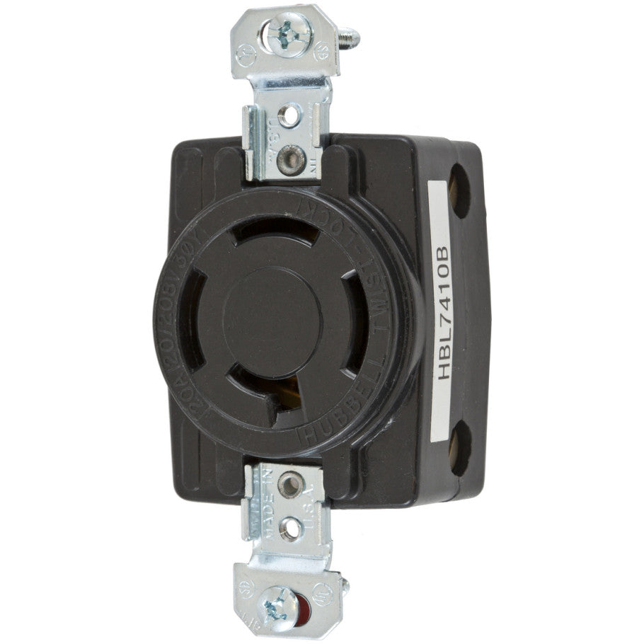 Twist-Lock Single Receptacle, 20A, 3-Phase Y 120/208V, 4P4W, Non-NEMA, Flush, Back Wired, Black