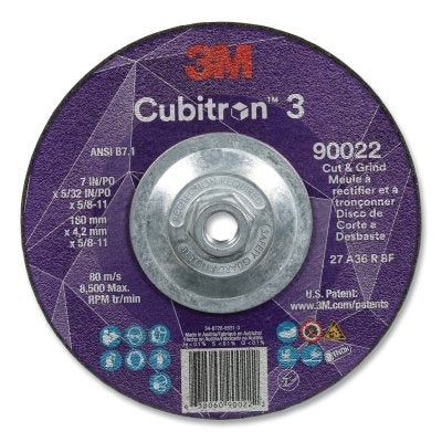 3M 638060-90022 Cubitron 3 Cut and Grind Wheel, 7 in dia x 5/32 in Thick x 5/8 in-11 Arbor, 36+ Grit, T27