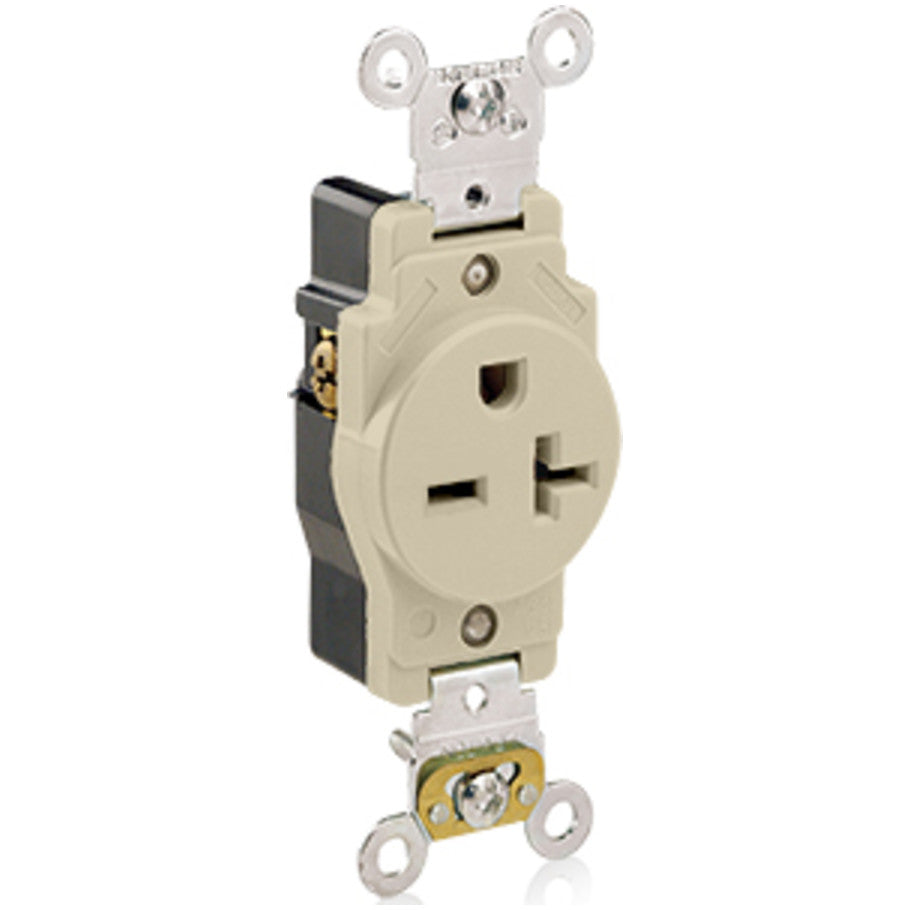 Industrial Series Straight Blade Single Receptacle, 20A, 250V, 2P3W, NEMA 6-20R, Self-Grounding, Back and Side Wired, Ivory