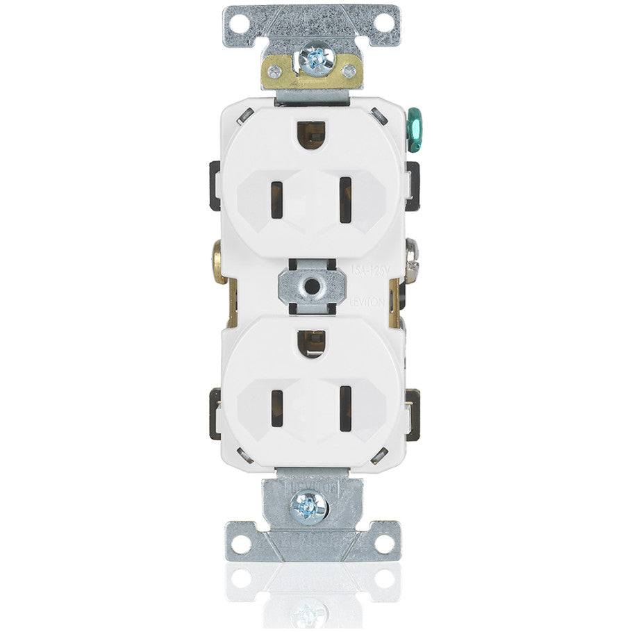 Straight Blade Duplex Receptacle, Narrow Body, 15A, 125V, 2P3W, NEMA 5-15R, Self-Grounding, Back and Side Wired, White