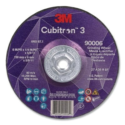3M 638060-90006 Cubitron 3 Depressed Center Grinding Wheel, 6 in dia x 1/4 in Thick x 5/8 in-11 Arbor, 36+ Grit, T27