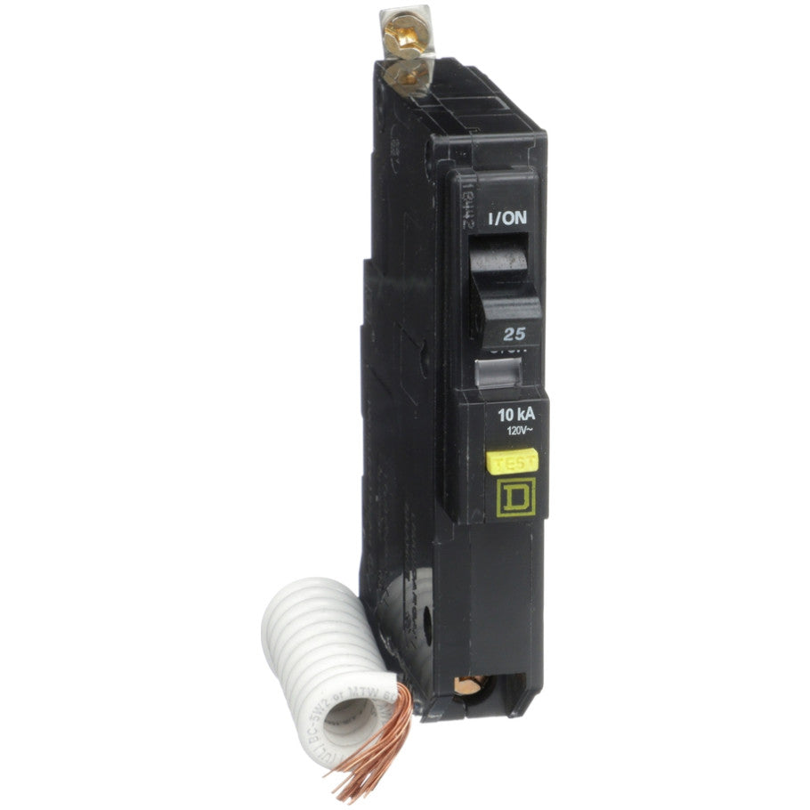 Mini circuit breaker, QO, 25A, 1 pole, 120VAC, 10kA, bolt on, 6mA grd fault A, pigtail  TAA