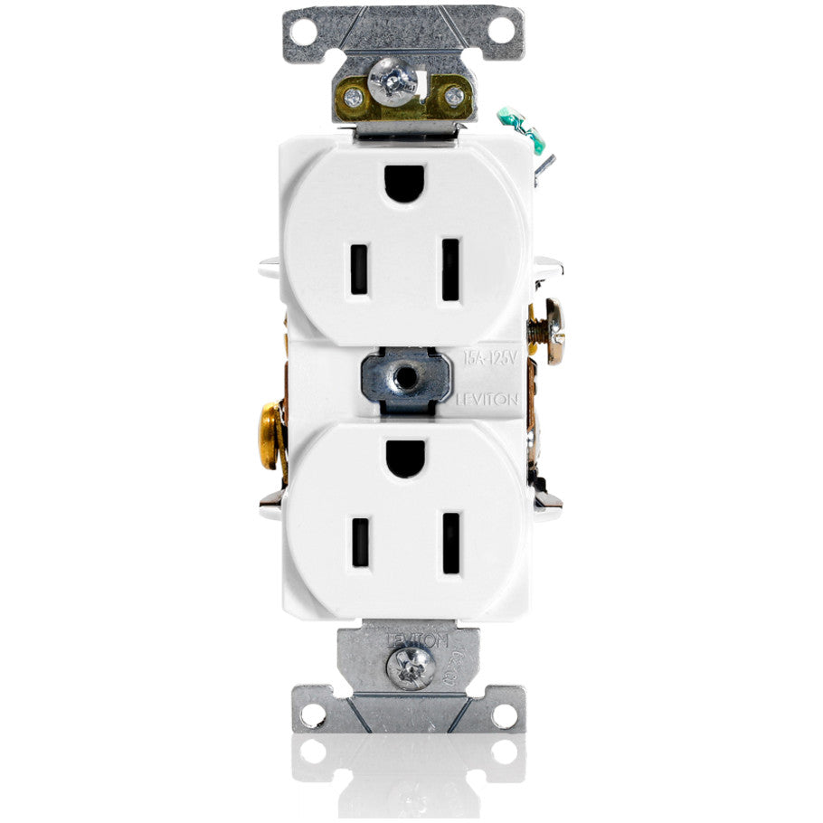 Straight Blade Duplex Receptacle, 15A, 125V, 2P3W, NEMA 5-15R, Self-Grounding, Back and Side 8-Hole Feed-Thru Wired, White