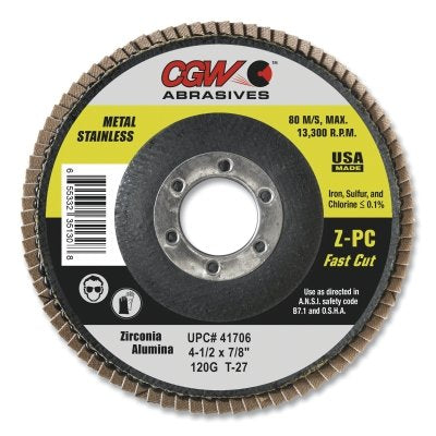 Z-Poly Cotton Flap Disc, 4-1/2 in dia, 60 Grit, 5/8 in - 11 Thread, Type 27
