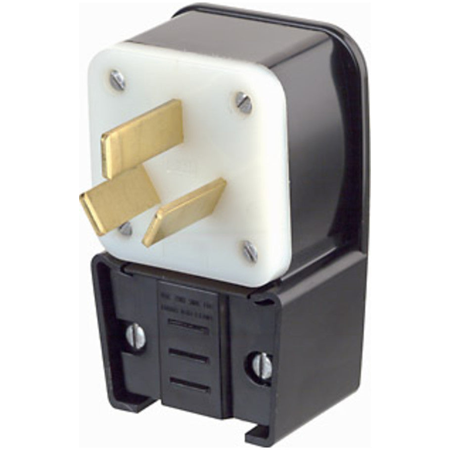 Industrial Grade Straight Blade Plug, Angled, 50A, 125/250V, 3P3W, NEMA 10-50P, Black