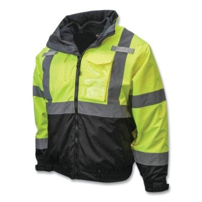 SJ210B Class 3 Three-in-One Deluxe High Visibility Bomber Safety Jacket, Hi-Vis Green, Black Bottom, 4X