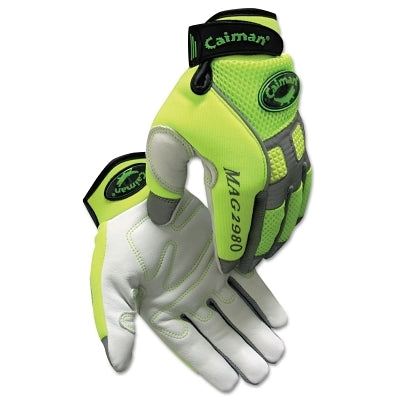 2980 Goat Grain Hi-Vis Reflective Back Knuckle Protection Mechanics Gloves, Neoprene, Large, Hi-Vis Lime Green