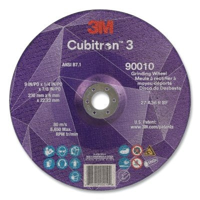 3M 638060-90010 Cubitron 3 Depressed Center Grinding Wheel, 9 in dia x 1/4 in Thick x 7/8 in Arbor, 36+ Grit, T27