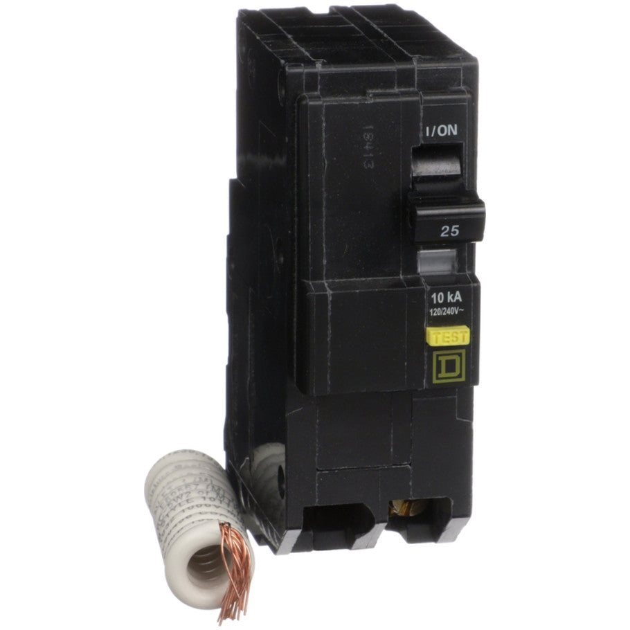 Mini circuit breaker, QO, 25A, 2 pole, 120/240VAC, 10kA, plug in, 6mA grd fault A, pigtail  TAA