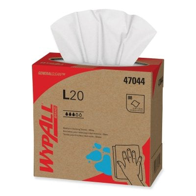 WypAll L20 Wiper, 9.1 in W x 16.8 in L, Pop-Up Box, White, 88/Box, 10 BX/CA