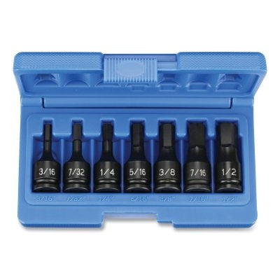 Impact Driver Set, 3/8 in Drive, SAE, 3/16 in to 1/2 in Size, 1.97 in OAL, 7-Pc Standard Length Hex