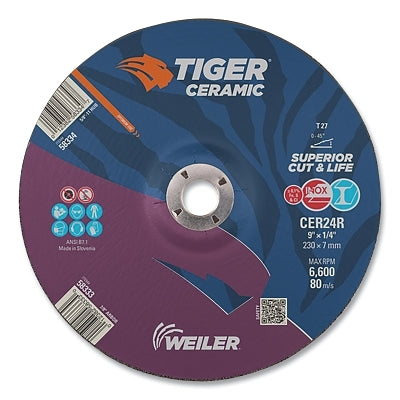Tiger Grinding Wheel, 9 in dia x 1/4 in Thick x 7/8 in Arbor, 24 Grit, Ceramic Alumina, Type 27, 10 EA/BX
