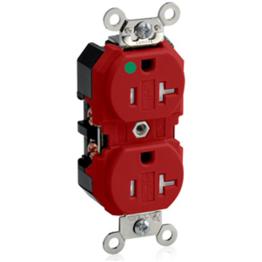 Straight Blade Duplex Receptacle, Extra Heavy Duty Hospital Grade, Tamper-Resistant, 20A, 125V, 2P3W, NEMA 5-20R, Red