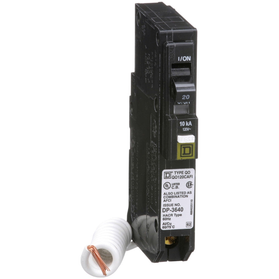 Mini circuit breaker, QO, 20A, 1 pole, 120VAC, 10kA, plug in, combo ARC fault, pigtail  TAA