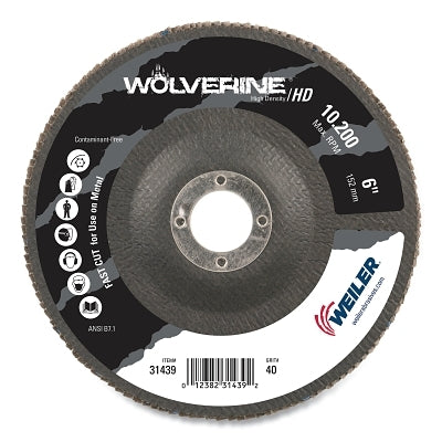Wolverine Abrasive Flap Disc, 6 in dia, 40 Grit, 7/8 in arbor, 10200 RPM