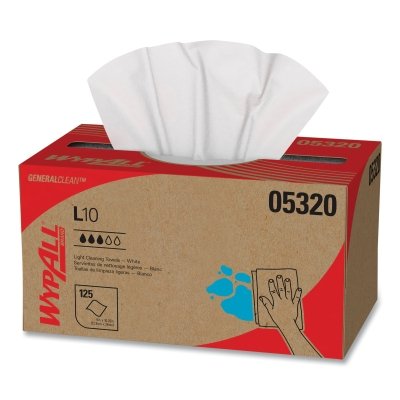 WypAll General Clean L10 Light Cleaning Towel, White, 10-1/2 in W x 9 in L, 125/Box, Pop-Up Box, 1-Ply