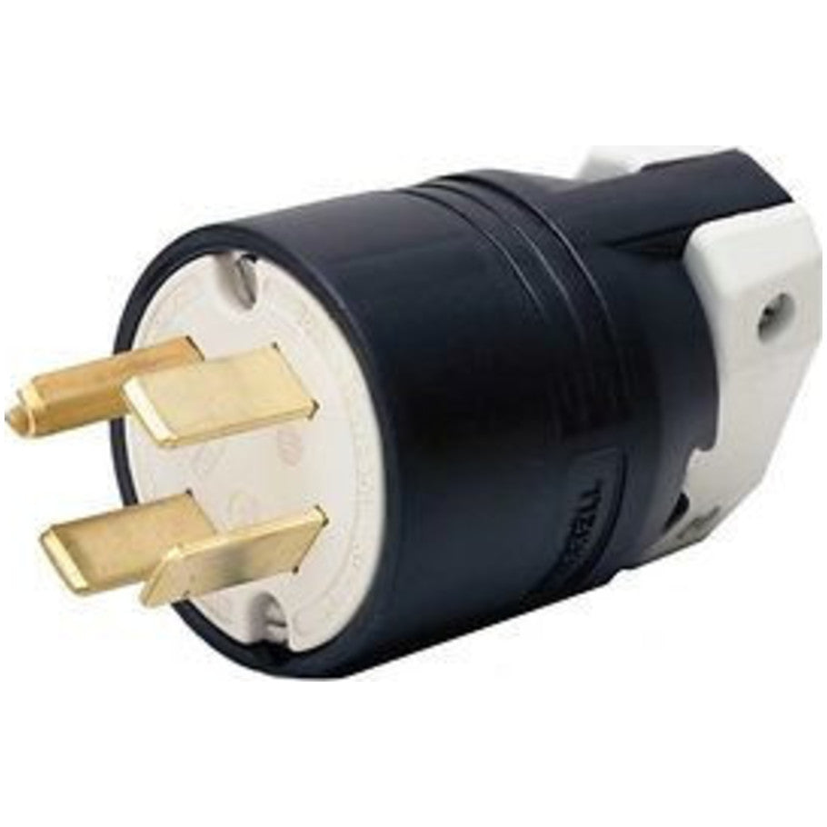 Straight Blade Plug, 60A, 125/250V, 3P4W, NEMA 14-60P, Cord Dia. 0.625 to 1.310 in., Gripping Ribs, Black/White