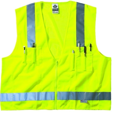GloWear Safety Vest, 8250Z, Surveyors, Class 2, Type R, 7 Pockets, Reflective Tape, 2 Radio Mic Tabs, Zipper, L/X-L, Lime