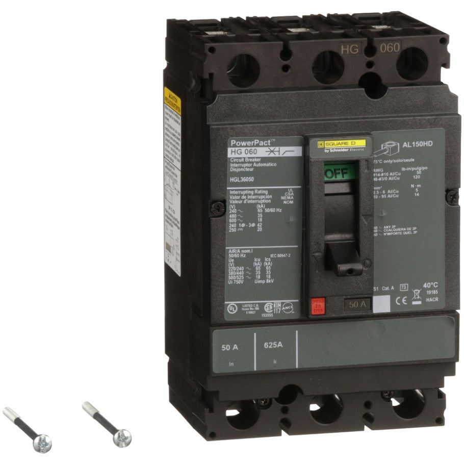PowerPact Molded Case Circuit Breaker, H-Frame, Unit Mount, 18 kA, 600V, 3-Pole, 50A