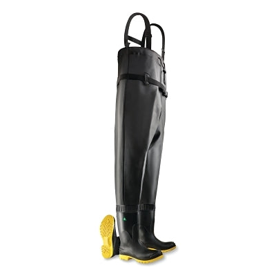 Chest Waders, Steel Toe and Midsole, Men's 10, 16 in Boot, 53 in Overall L, PVC/Ultragrip/Nylon, Black/Yellow