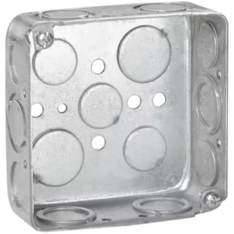 4 Square Box, Steel, Drawn, 1-1/2 in. D, (4) 1/2   (6) 1/2 3/4 in. C Side KO, (3) 1/2   (2) 3/4 in. Bottom KO