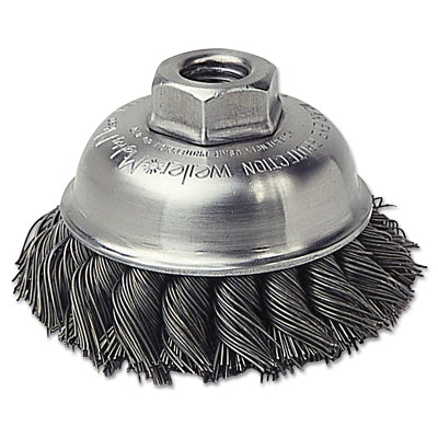 Single Row Heavy-Duty Knot Cup Brush, 3-1/2 in dia, 5/8-11 UNC, 0.023 Stainless Wire