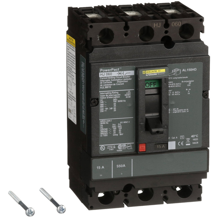 PowerPact Molded Case Circuit Breaker, H-Frame, Thermal Magnetic, Unit Mount, 25kA, 600 Vac/250 Vdc, 3-Pole, 15A