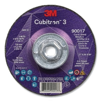 3M 638060-90017 Cubitron 3 Cut and Grind Wheel, 5 in dia x 5/32 in Thick x 5/8 in-11 Arbor, 36+ Grit, T27