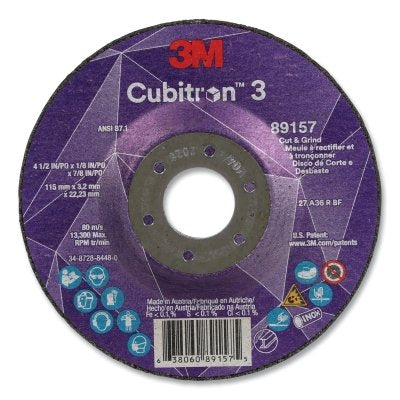 3M 638060-89157 Cubitron 3 Cut and Grind Wheel, 4-1/2in dia x 1/8 in Thick x 7/8 in Arbor, 36+ Grit, T27