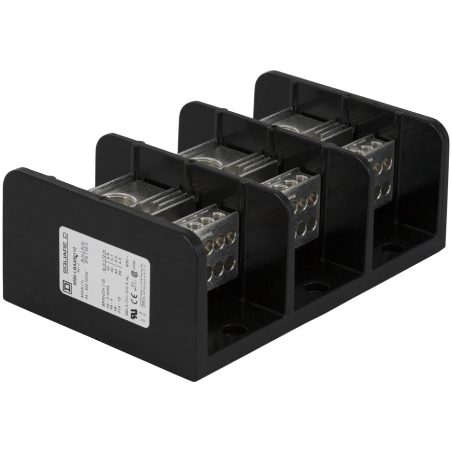 Power distribution block, Linergy, 3 pole, 1 line, 12 load, 380A Cu, 310A Al, 600V