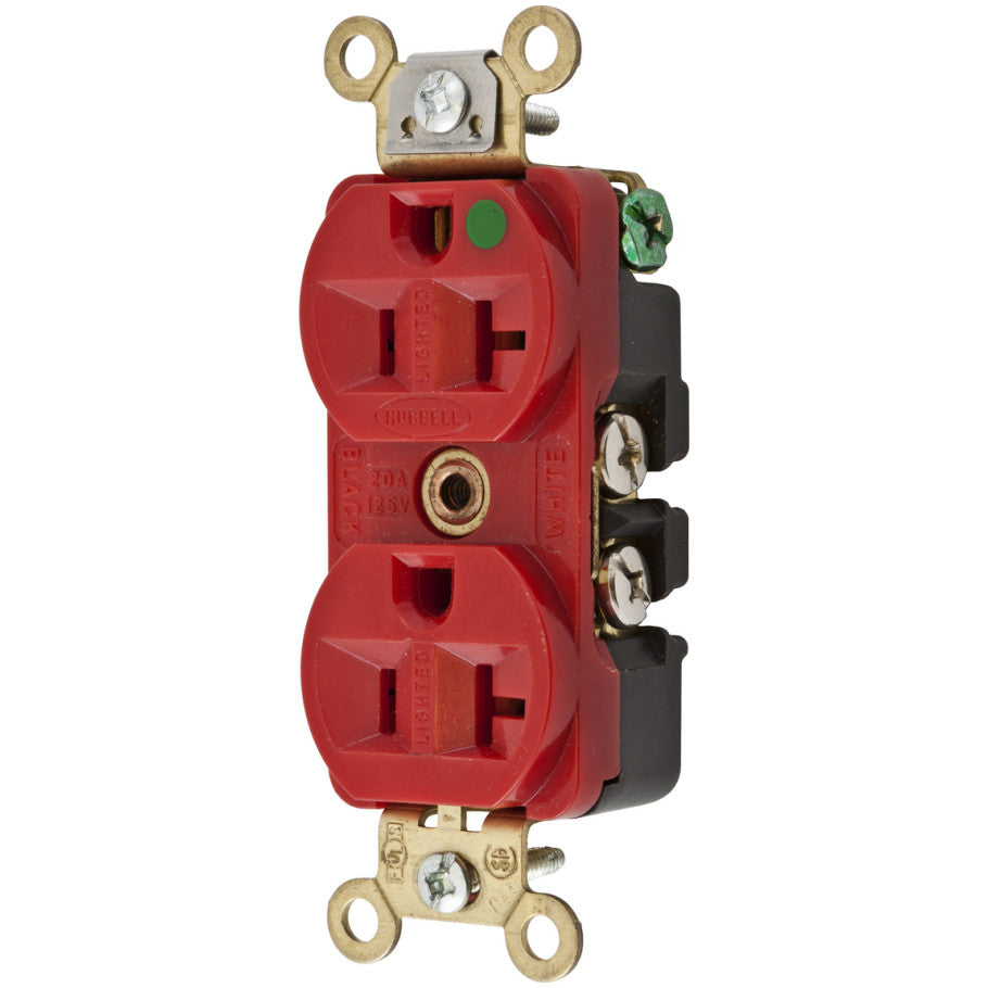 HBL Straight Blade Duplex Receptacle, Hospital Grade, 20A, 125V, 2P3W, Slender/Compact, LED Illuminated Face, Red