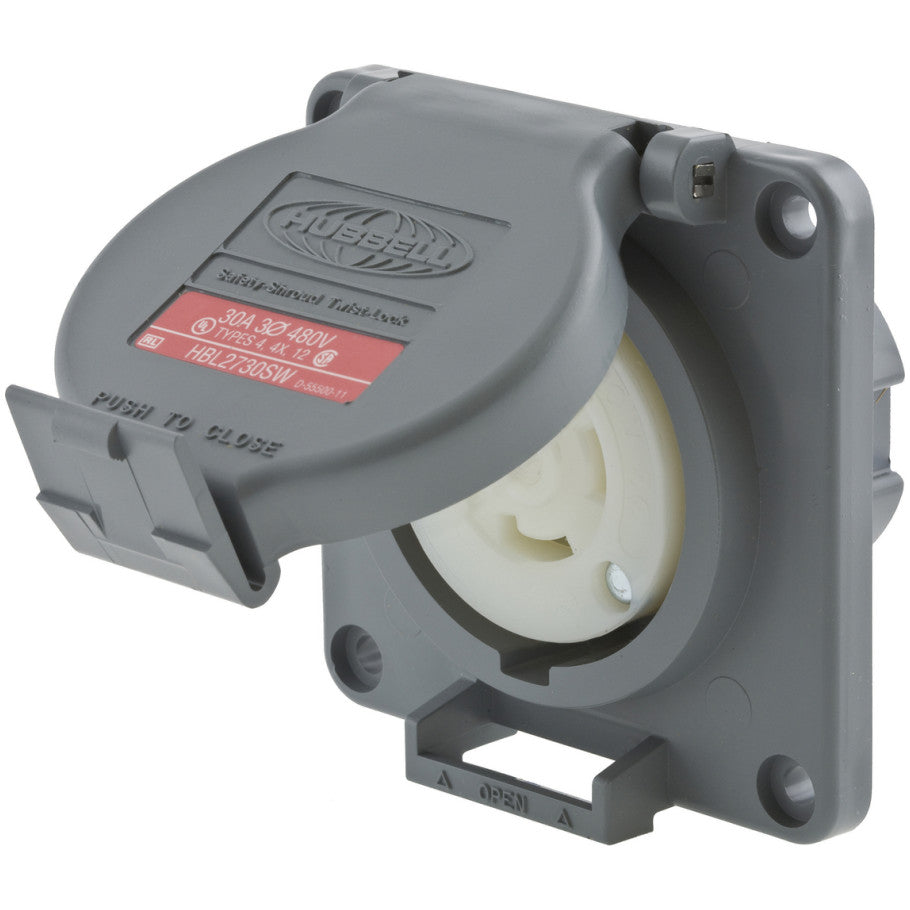 Twist-Lock, Watertight Safety-Shroud, Receptacle, 30A 3-Phase Delta 480V AC, 3-Pole 4-Wire Grounding, NEMA L16-30R, Gray