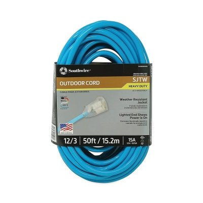 Extension Cord with Power Light Indicator, SJTW, 50 ft, 1 Outlet, Cool Green
