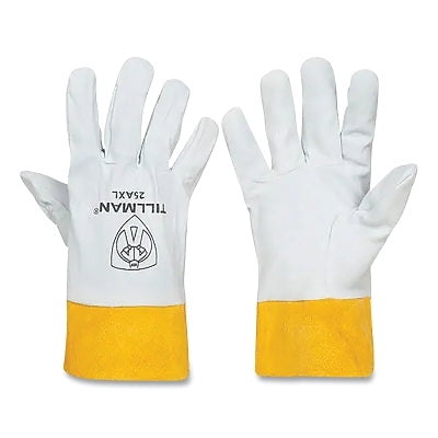 TIG Welding Gloves, 25A, Prem Reverse/Split Deerskin Palm/BOH/Split Cowhide Cuff, Md, Pearl/Bourbon Brn, 2 in L Straight Cuff